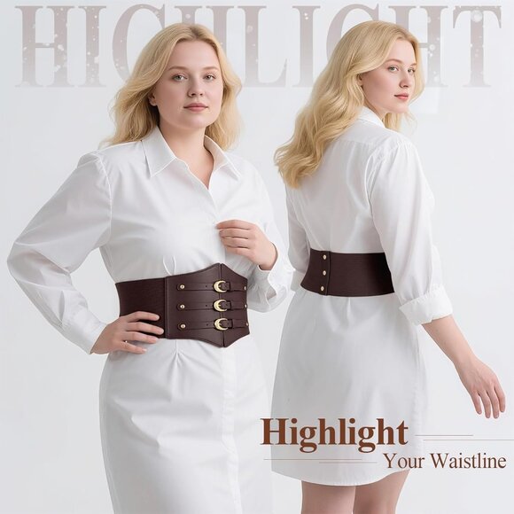 Women Corset Wide Stretch Waspie Elastic Waist Belt with Brown Buckle Gold - Picture 2 of 6